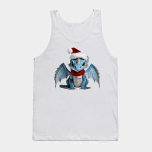 Realistic Artwork of a Cute Blue Baby Dragon Wearing a Red Festive Christmas Hat Tank Top